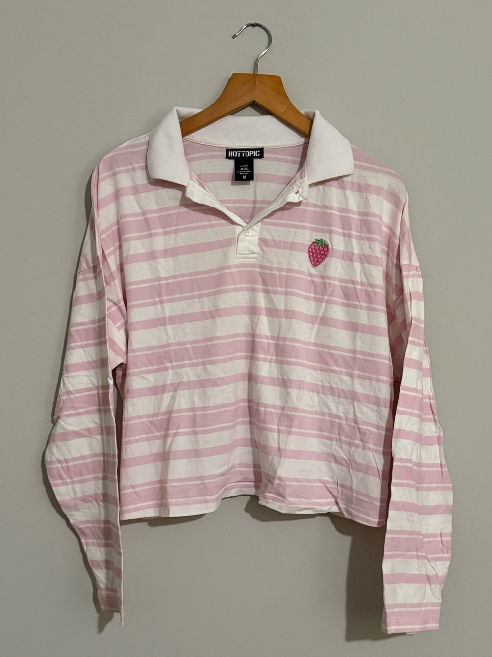 Hot Topic Pink & White Striped Polo Top with Strawberry Patch